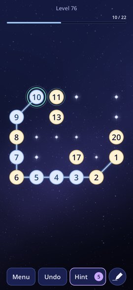 A puzzle in progress. A line joins the numbered stars from 1 to 10 across the night sky.
