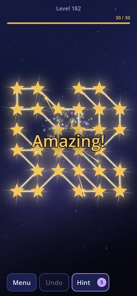 A solved puzzle. The finished constellation glows gold, with the word Amazing!