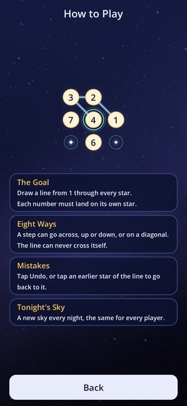The How to Play screen. It explains the goal, the eight directions for each step, how to fix mistakes, and Tonight's Sky.